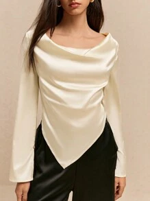 Poéselle 秋季必备优雅女神必备品奶油黄色围脖领不对称下摆衬衫不对称下摆设计长袖缎面质感上衣垂坠领口非常适合工作和娱乐万圣节派对精选外出顶级商务女性衣橱必备品轻松优雅女性魅力秋季百搭轻松时尚优雅缎面顶级商务休闲万圣节服装秋季时尚，Poeselle - 杏色 - 查看 5