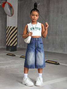 SHEIN Thời trang Y2K dành cho bé gái tuổi teen, phong cách vintage retro những năm 2000, quần jeans ống rộng dáng suông, chất liệu denim bạc màu, thích hợp cho mùa thu đông đi học. - Rửa trung bình - Xem 5