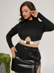 evoluSHEIN X Anitta GAUTII تي شيرت طويل الأكمام مقصّر للسيدات ذوات الحجم الكبير للربيع والخريف، مزين بحروف وتفاصيل منقوبة، مناسب للعطلات والشكر والمهرجانات - أبيض وأسود - مشاهدة 4
