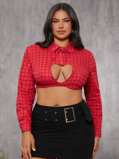 evoluSHEIN X Anitta OBVIOUSLY VINTAGE 设计师加大红色格纹心形镂空短款上衣，节日，感恩节，外出，节日