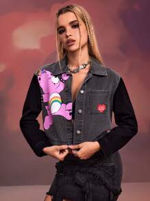 SHEIN X Care Bears DAYDREAMS AND ICE CREAMS Designer Casual Cartoon Bear & Letter Heart Printed Patchwork Pocket Short Jacket, Holiday, Thanksgiving, Winter, Spring, Festival