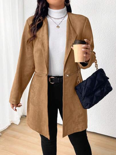 SHEIN LUNE Plus Size Turn-Down Collar Long Sleeve Zip-Up Fashionable Mature Business Jacket