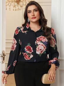 Modelyn 大码女式花卉印花灯笼袖宽松衬衫，春秋季 - 彩色 - 查看 5