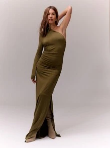 MUSERA 单袖褶皱修身长款连衣裙，优雅度假春夏长裙，适合复活节、婚礼、毕业典礼、舞会等场合。 - 軍綠色 - 查看 4