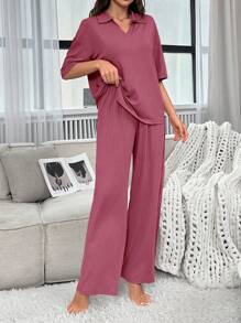 EasyFave Women's Solid Color Loose V-Neck Pajama Set Outfit - Pink - View 3