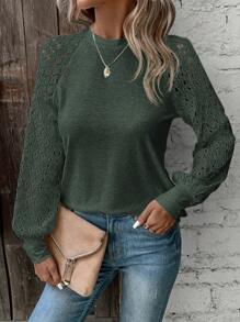 SHEIN Clasi Women's Solid Color Contrast Lace Raglan Sleeve Casual Top, Spring And Summer - Dark Green - View 3