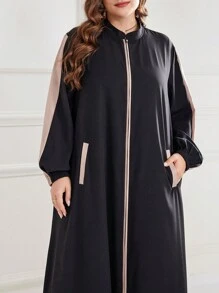 Al Najma Plus Size Contrast Color Patchwork Arabian Abaya,Black Summer Jamican Modest Vacation Long Sleeve Sporty Sweatshirt Style Front Zipper Closed Robe - Black - View 3