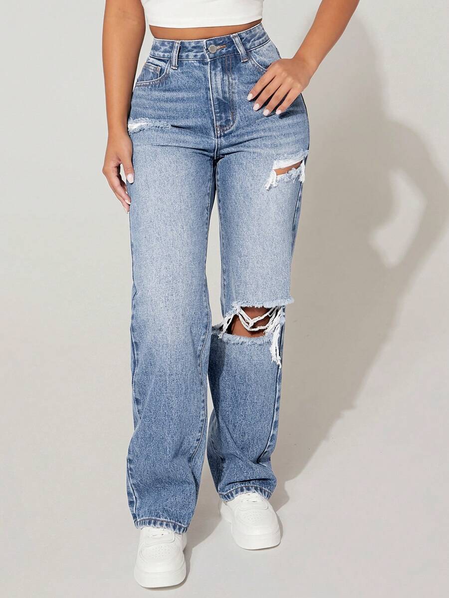 SHEIN PETITE Front Buttoned Multi-Pocket Distressed Casual Denim Jeans - Dusty Blue - View 1