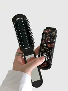 ROMWE Fairycore 1pc Folding Black Mushroom & Floral Print Hair Brush With Mirror, Portable Design (Pattern Position Random) - Multicolor - View 1