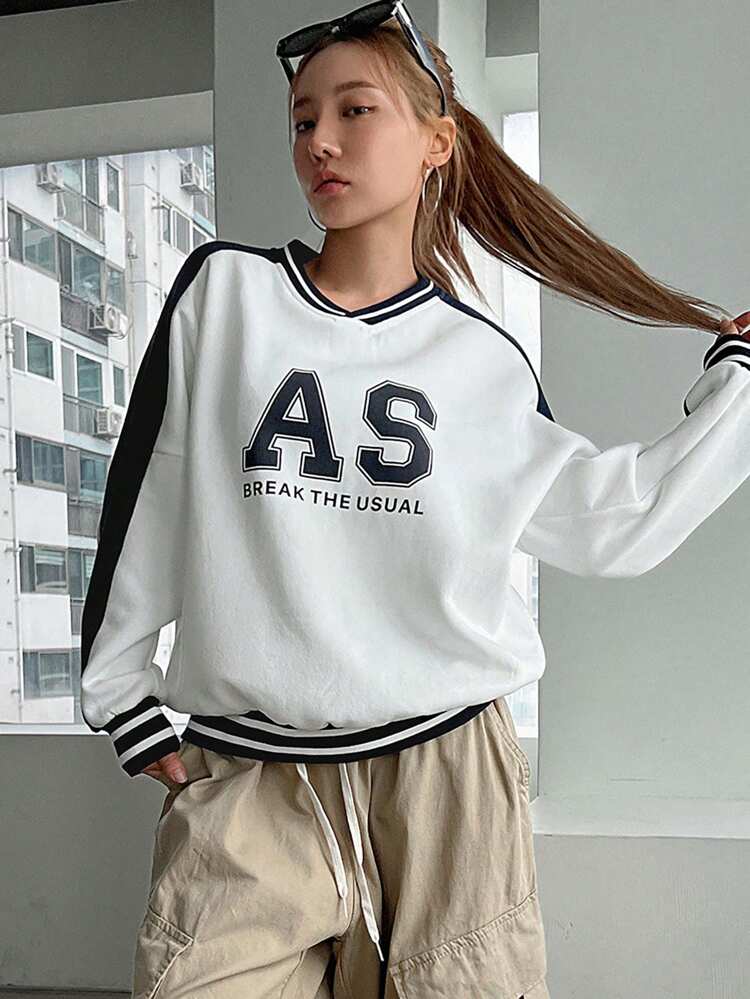 Women's Casual Letter Print Colorblock Pullover Sweatshirt,Fall Women Clothes