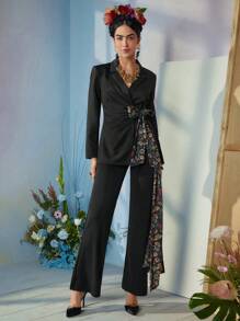 VERO DIAZ Frida Kahlo X SHEIN X Designer Business Casual Lapel Collar Contrast Floral Print Ruched Knot Front Blazer, Holiday, Thanksgiving, Spring, Festival, Office - Multicolor - View 8