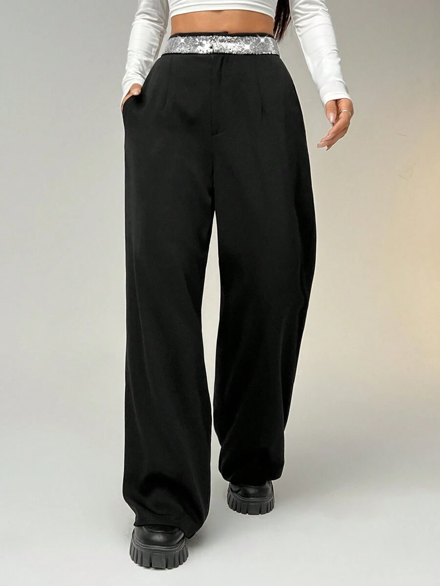 SHEIN EZwear Celana Setelan Pinggang Berpayet Wanita - Hitam - View 1