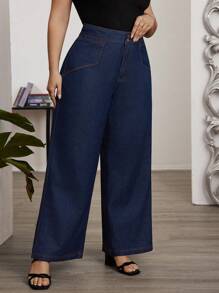 SHEIN LUNE 高腰寬腿牛仔褲，適用於日常穿著 - 深色水洗藍 - 查看 3