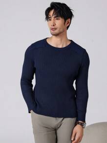 Manfinity Homme Pulover casual pentru bărbați, cu mânecă lungă, cu decolteu uni, toamnă/iarnă - Albastru - Vizualizare 1