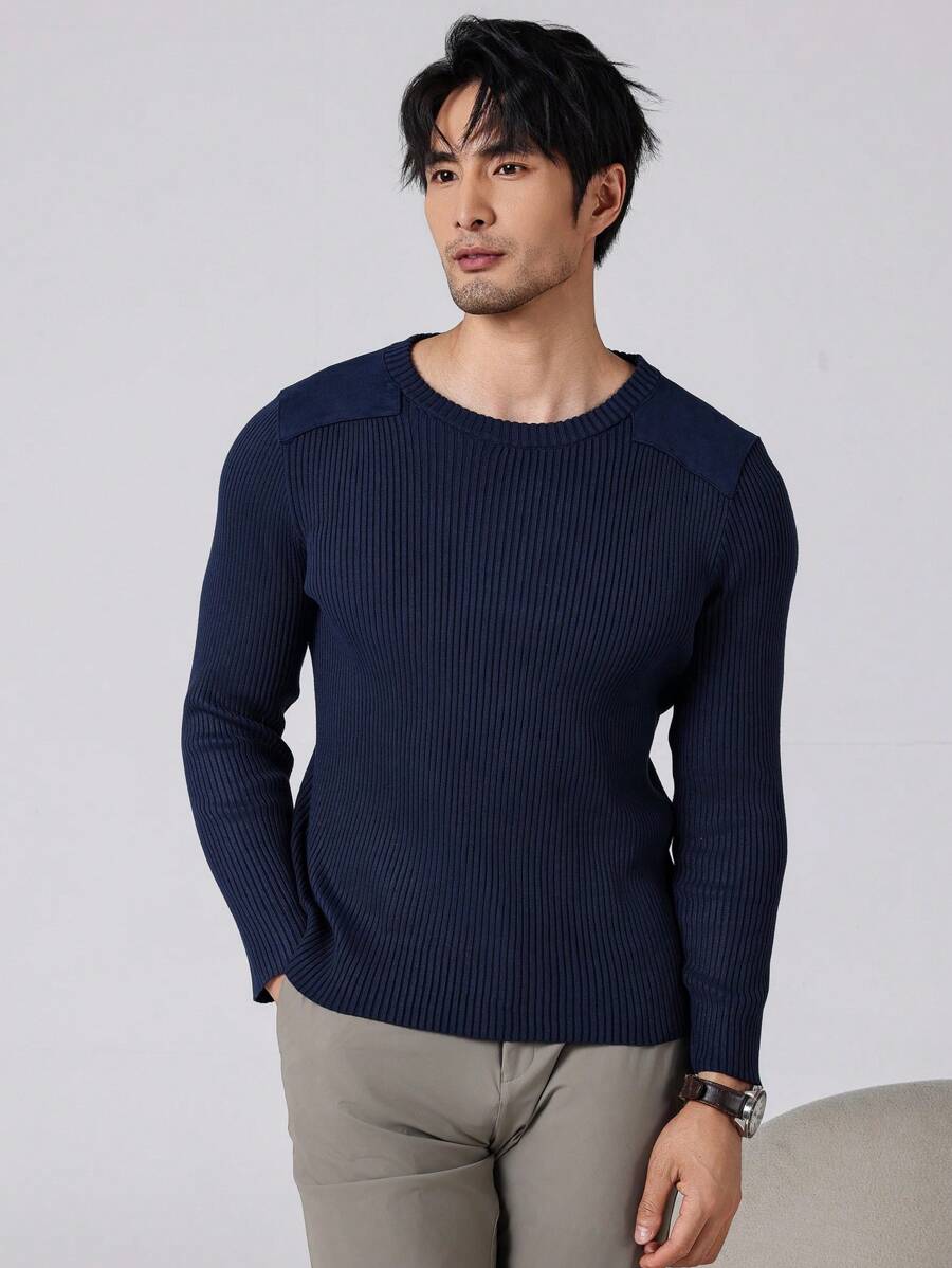 Manfinity Homme Pulover casual pentru bărbați, cu mânecă lungă, cu decolteu uni, toamnă/iarnă - Albastru - Vizualizare 1