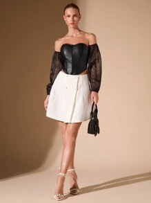 Glamine 女士 PU 皮革人字形网眼露肩优雅衬衫