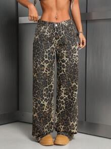 SHEIN ICON 女式宽松豹纹直筒休闲牛仔裤 - 彩色 - 查看 4