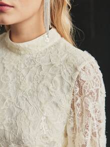 MOTF Soiréza LACE CONTRAST SEQUIN MOCK NECK LANTERN SLEEVE PARTY TOP