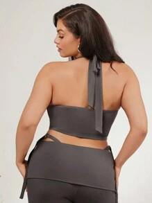 evoluSHEIN X Anitta Jheni Designer Damen Große Größen Sommer einfarbiges gerafftes Cut Out Design Slim Fit Neckholder Top, Urlaub, Ausgehen, Festival - Grau - Übersicht 3