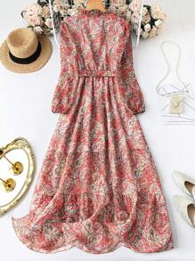 Mulvari 大码女式印花荷叶边系带灯笼袖优雅连衣裙 - 亮橙色 - 查看 2