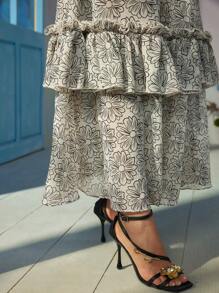 Frida Kahlo X SHEIN X Designer VALERIA GALIPOLI 黑白花卉印花荷叶边下摆透视裙，内置短裤