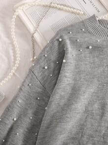 SHEIN Essnce Plus Size Women's Autumn And Winter Casual Loose Round Neck Long Sleeve Beaded Gray Pullover Sweater,Fall Women Clothes,Winter Tops,Fall Curv Outfits,Homecoming,Sweater Top - Grey - View 5