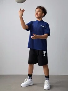 SHEIN 適合青少年男孩的寬鬆休閒運動短袖立領Polo衫 - 寶藍色 - 查看 7