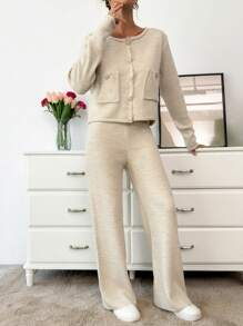 EURMUSE 2pcs Women's Solid Color Cable Knit Single-Breasted Cardigan And Long Pants Set, Autumn/Winter