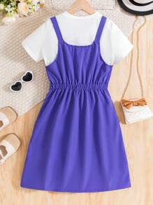 SHEIN 青少年女孩 2 件/套：字母印花圆领短袖 T 恤和纯色口袋连衣裤，夏季休闲装 - 白色 - 查看 2