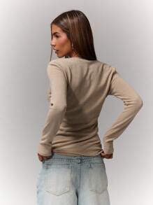 MUSERA V Neckline Long Sleeve Fitted T-Shirt Top Everyday Airport Holiday Back To School Fall Autumn Winter Christmas,Elegant