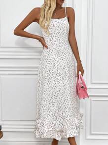 SHEIN LUNE Random Print Women's Spaghetti Strap Dress - White - View 5