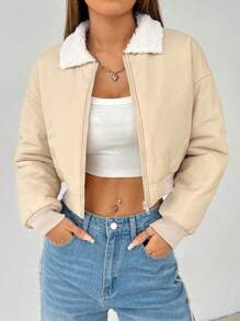 SHEIN PETITE Áo khoác mùa đông ngắn lông cừu khóa kéo Colorblock - Màu be - Xem 5