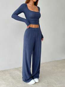 SHEIN PETITE Women's Crop Top And Long Pants Striped Textured Fabric Two Pieces Set Airport Outfit