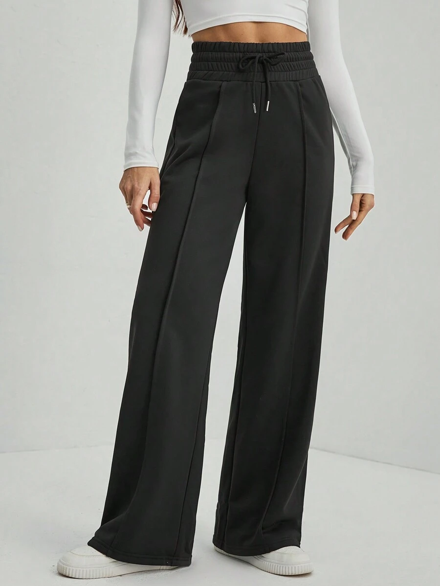 SHEIN Tall 净色抽绳腰部阔腿运动裤 - 黑色 - 查看 1