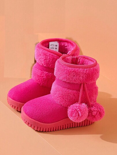 1pair Girls Furry Ball Design Snow Boots, Warm Thermal Lined , Suitable For Winter