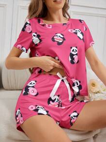 1 件熊猫与甜甜圈印花圆领女士睡衣套装 - 玫紅色 - 查看 5