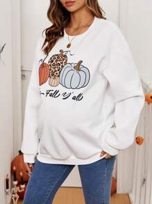 SHEIN Maternity Casual Pumpkin Print Round Neck Drop Shoulder T-Shirt, Spring Autumn Fall Top, Women Fall Clothes - White - View 4