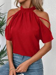 SHEIN LUNE 女士夏季纯色露肩短袖休闲衬衫新年衣服 - 紅色 - 查看 1