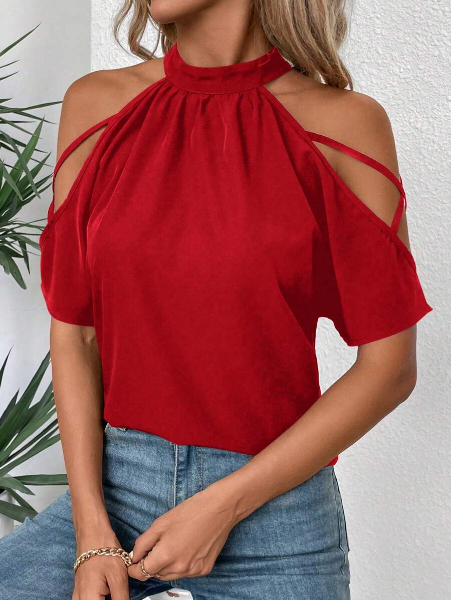 SHEIN LUNE 女士夏季纯色露肩短袖休闲衬衫新年衣服 - 紅色 - 查看 1