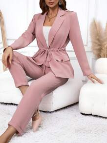 SHEIN Clasi Ladies Elegant Lotus Root Pink Drawstring Waist Blazer & Matching Trousers Suit Fall Clothes Office Wear Women Set Fall Sets Office Wear Women Set Women Pants Suit - Dusty Pink - View 2