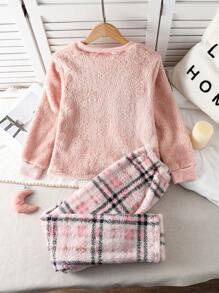 2pcs/Set Tween Girls Soft Plaid Pants & Embroidered Rabbit Sweatshirt Comfortable Warm Pajama Set, Fall/Winter