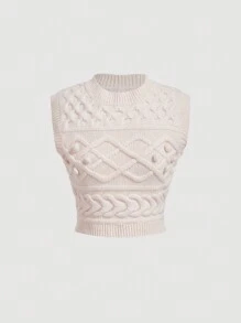 SHEIN MOD Áo len dệt kim cổ tròn không tay thời trang có họa tiết giản dị thanh lịch dành cho nữ - Màu be - Xem 1