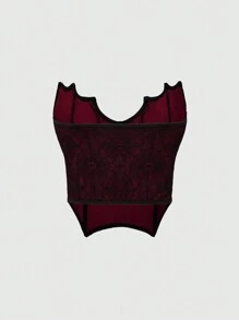 ROMWE Goth 深色哥特式蝙蝠领设计不对称下摆女式短款抹胸 - 紅色和黑色 - 查看 2