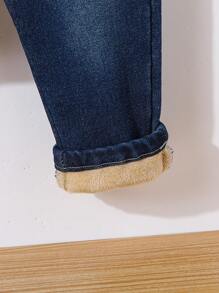 SHEIN Playful Pals 2 Pcs/Set Baby Girls Casual Simple Fleece Stretchable Elastic Comfy Denim Jeans, Warm For Autumn/Winter