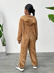 Slaydiva Tween Girl 休闲纯色刺绣连帽连体裤，保暖内衬，加厚 - 棕色 - 查看 2