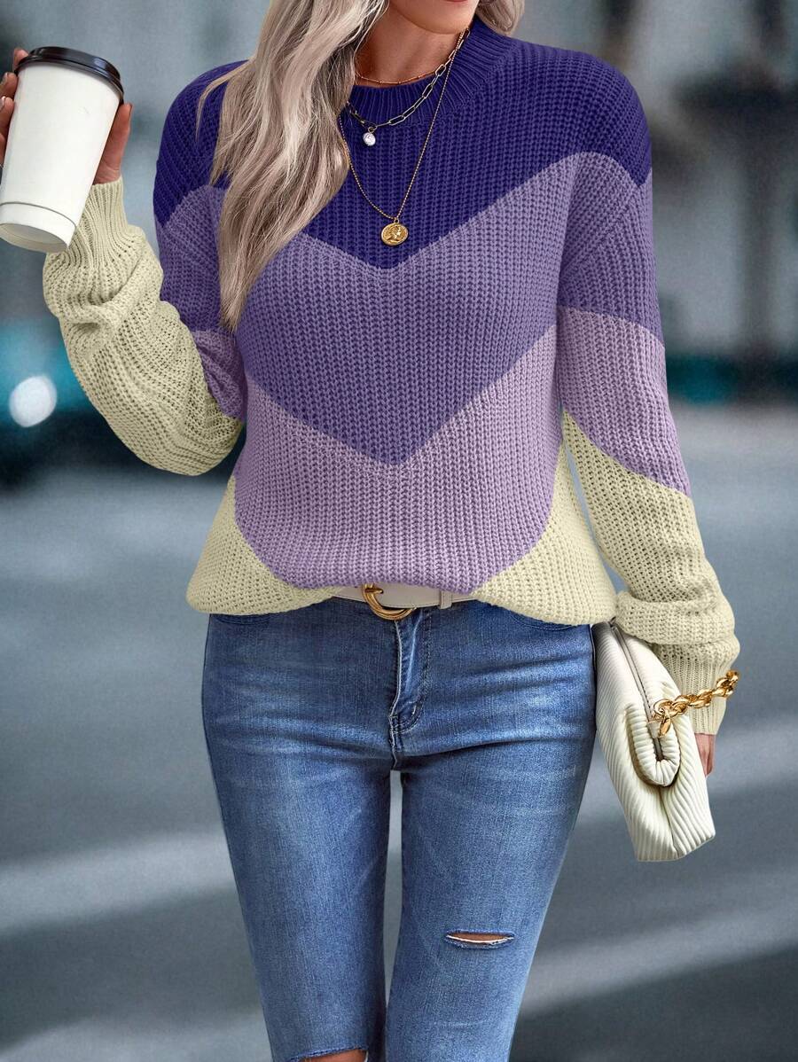 EMERY ROSE 女士圆领长袖撞色休闲日常柔软优雅套头毛衣，针织套头衫，秋冬款 - 彩色 - 查看 1