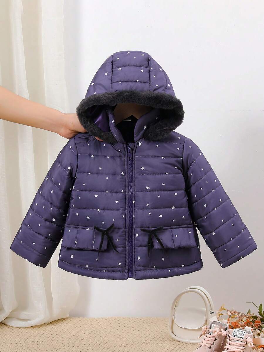 SHEIN 年轻女孩休闲日常连帽插肩长袖保暖衬里加厚防风保暖棉服外套 - 藏蓝色 - 查看 1