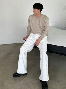 DAZY 男士纯色 V 领长袖宽松休闲毛衣，秋季 - 米色 - 查看 5