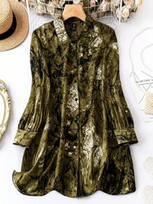 SHEIN Clasi Áo cánh tay dài rộng rãi in họa tiết nhuộm loang thời trang xuân/hè cỡ lớn cho nữ - Màu xanh lá cây đậm - Xem 1