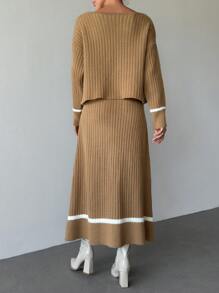 EURMUSE 2pcs Ribbed Knit Casual Set - Camel - View 3